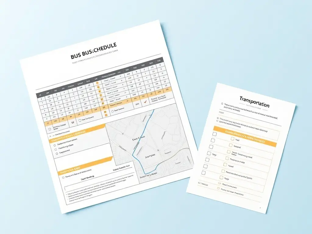 A clean, modern flat lay of a bus schedule, a camp map, and a transportation checklist on a light blue background, with subtle gold accent lines and no decorative icons.