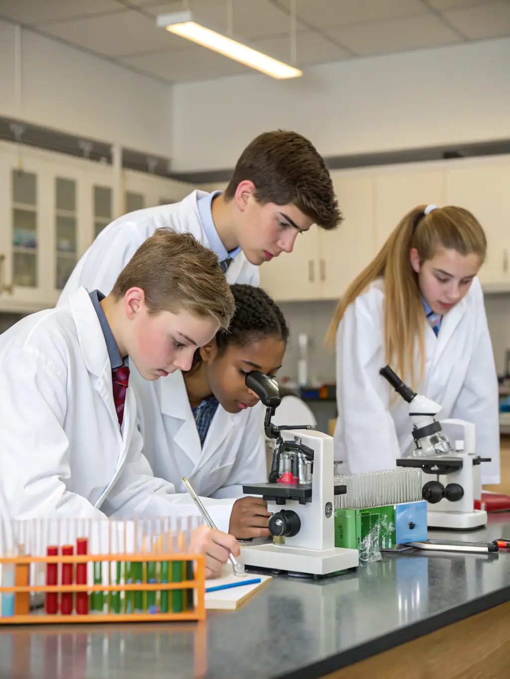 A crisp, well-lit photo of a small group of elementary-aged children participating in a hands-on science experiment indoors, with natural light and neutral background, conveying a sense of curiosity and learning during a summer camp week.