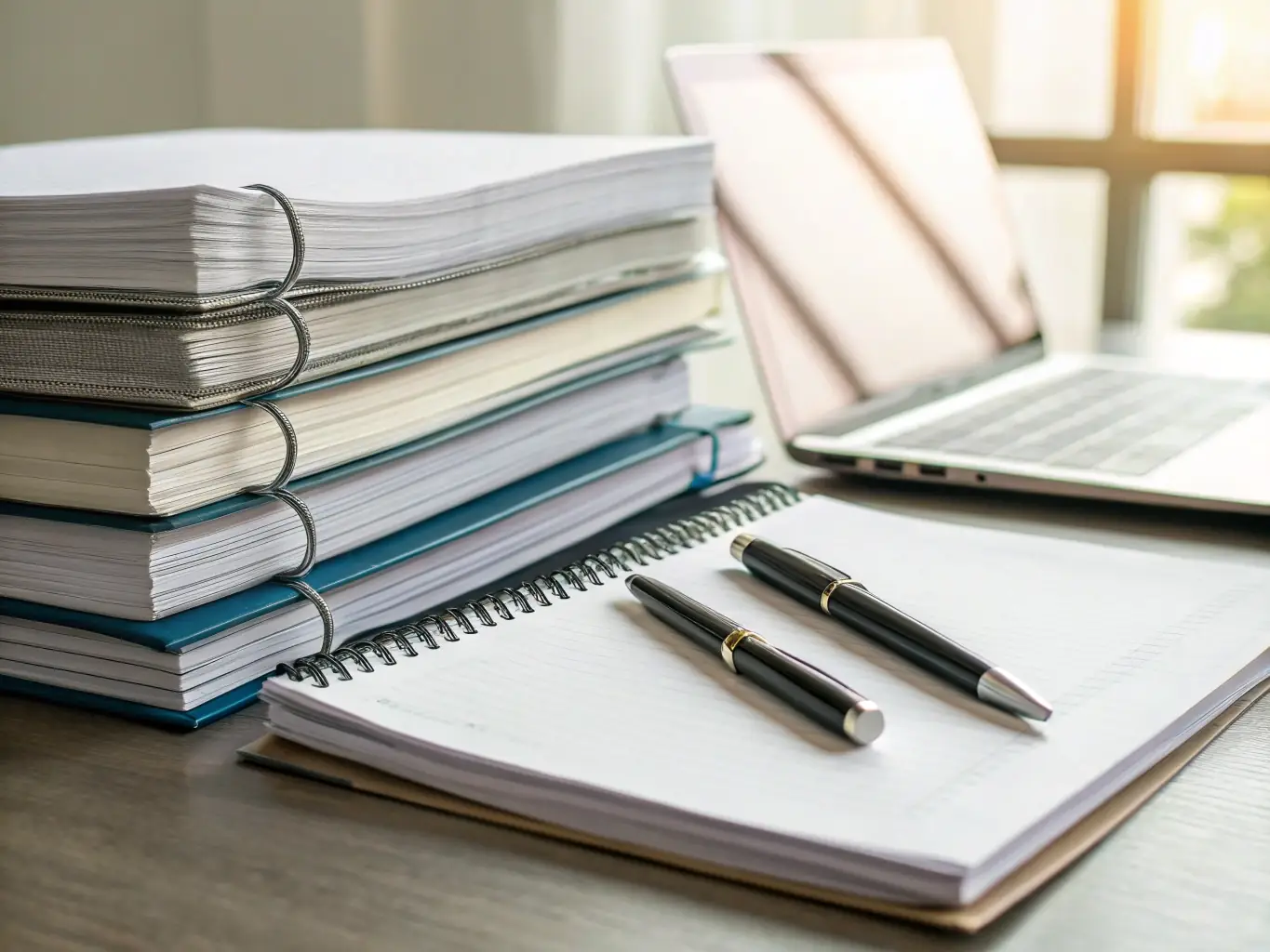A neatly arranged stack of printed camp forms, permission slips, and a pen on a white desk, with a navy blue folder labeled 'Karter Schools Summer Camp' visible in the background.