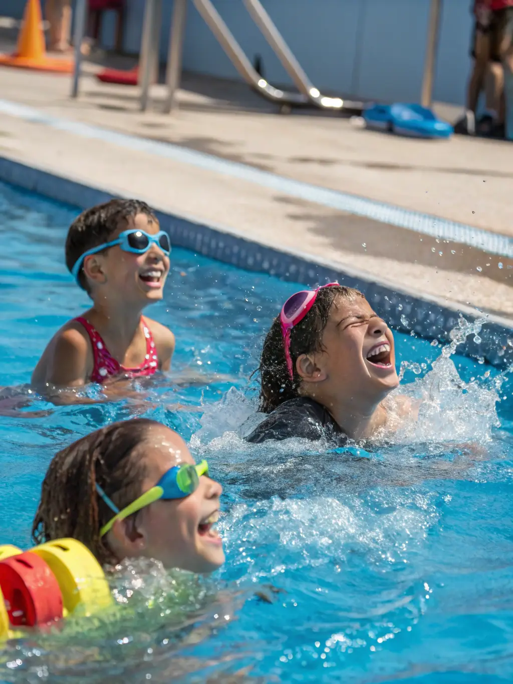 A vibrant image of children in swimwear and towels, smiling after a swim lesson at an indoor pool, with a lifeguard in the background, emphasizing water safety and fun.