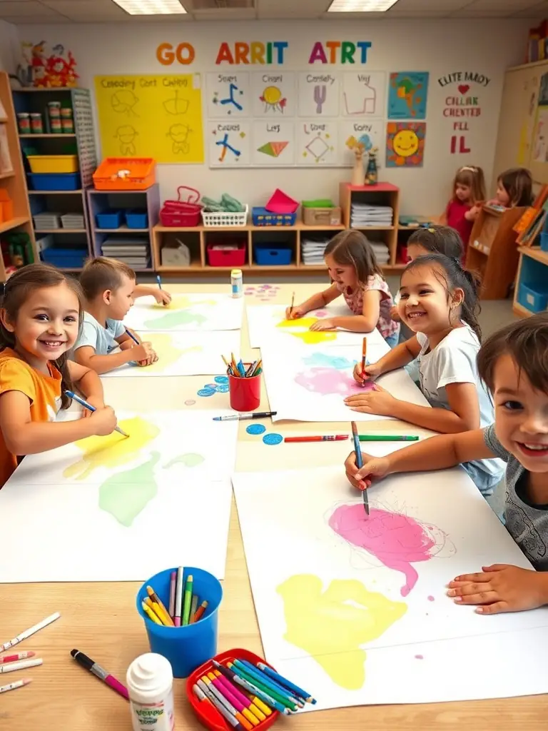 A photo of children gathered around a table, painting and crafting with colorful supplies, in a bright, tidy classroom, highlighting creativity and focus during arts activities.